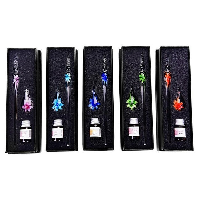 Musbetu 1 Set Transparent Dip Pen with Inside Flower Glass Writing Pen Faux Ink Dip Pen Gift for Student
