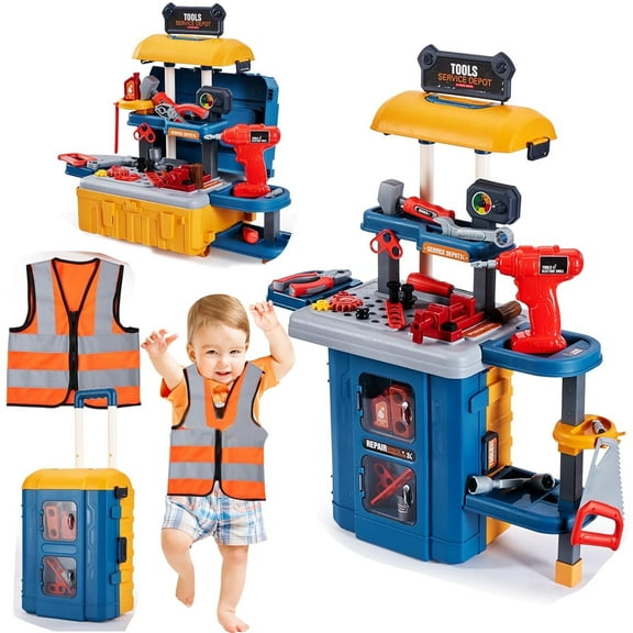 3-in-1 Kids Tool Bench With Working Electric Drill – Convertible Toddler Workbench (Standing Table/Desktop/Suitcase) With Realistic Tools, Ages 3-6, for Boys & Girls