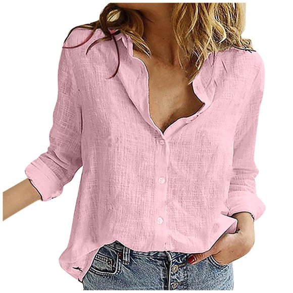 Kcodviy Women's Loose Linen Button Womens Compression Shirt Solid Lapel Long Sleeves Womens Turtleneck Shirts Long Sleeve T-Shirt Blouse Tops