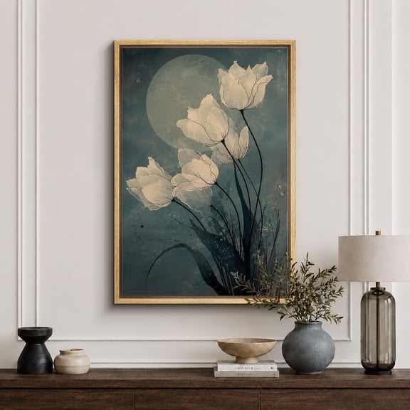 Framed Canvas Print White Lotus Moon Wall Art Floral Decorative for Living Room Bedroom - 16"x24" NATURAL Frame