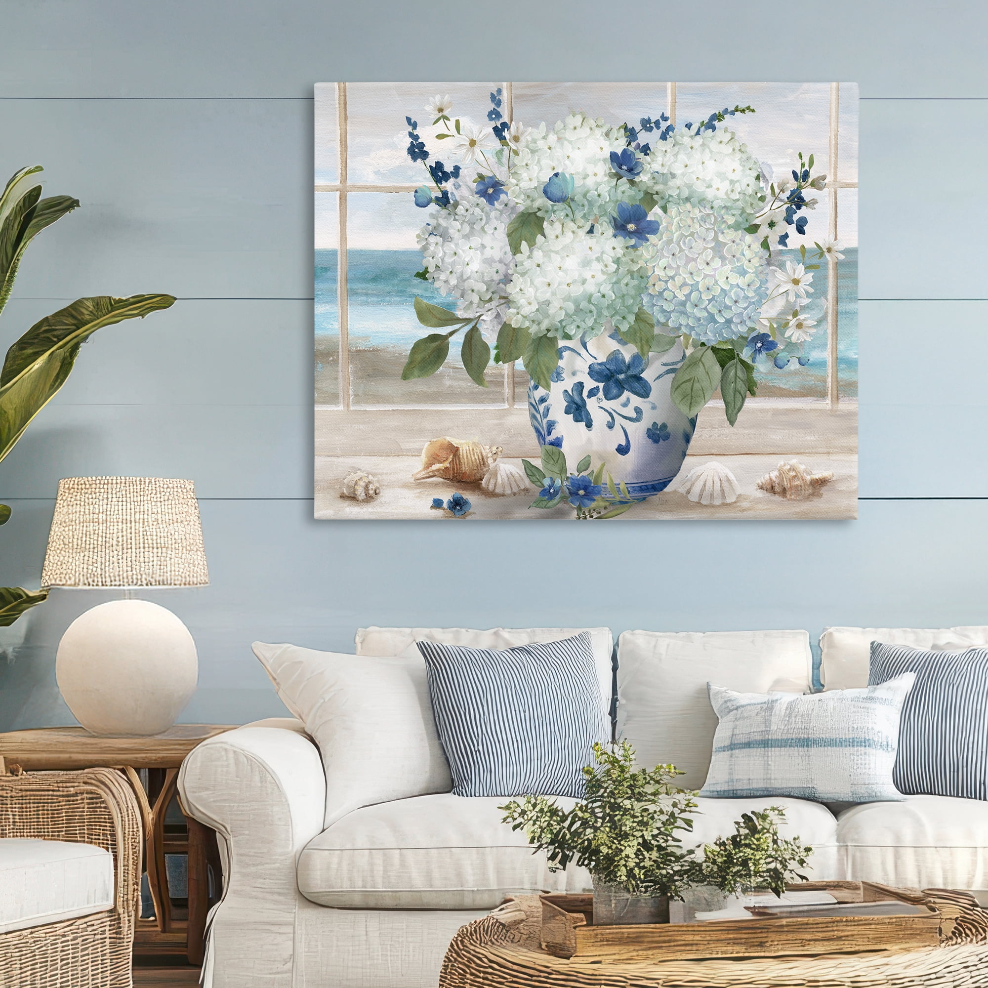 Stupell Industries Seaside Hydrangea Bouquet in Window Canvas Wall Art, design by Nan