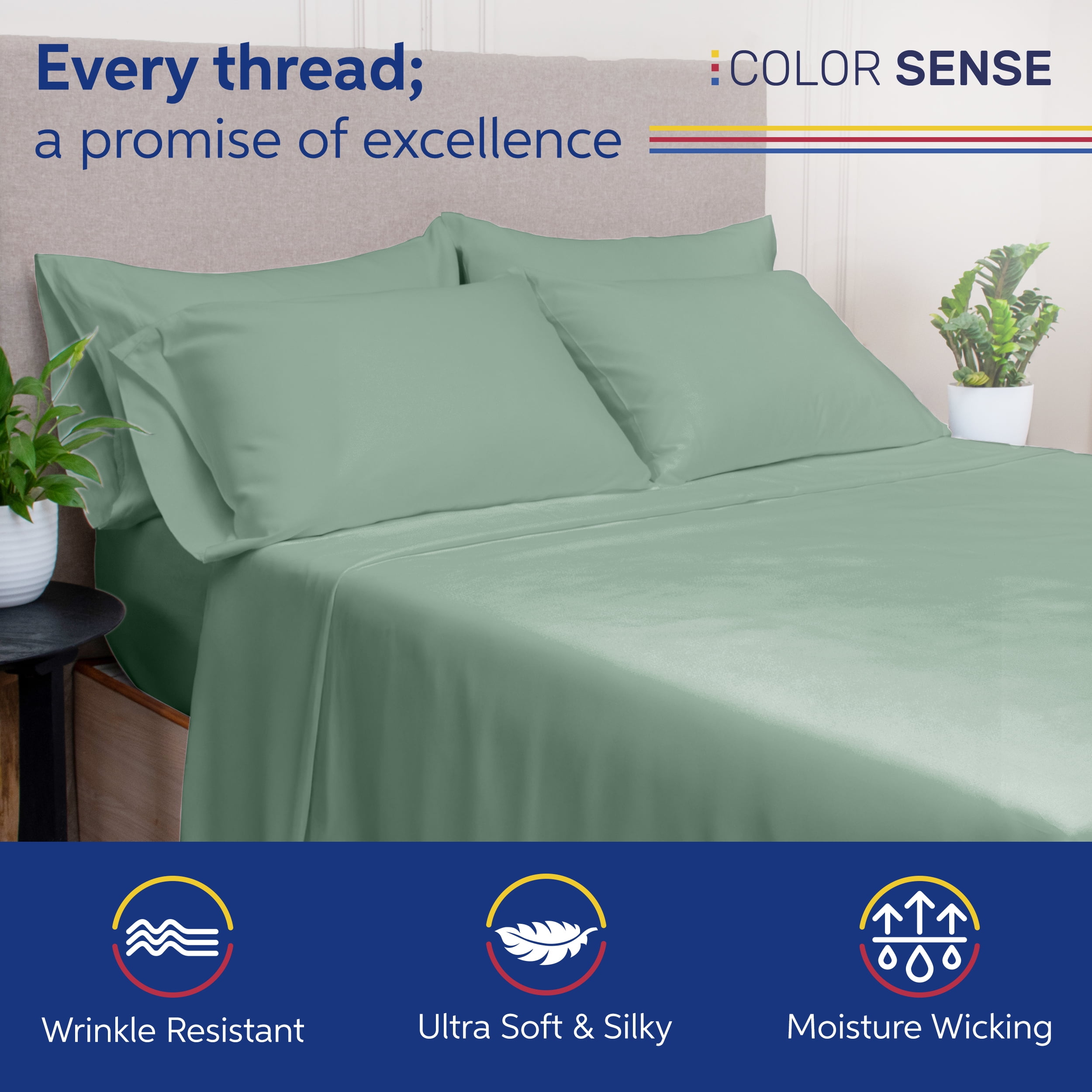 Color Sense 6-Piece 800 Thread Count Green Cotton Rich Adult Bed Sheet Set, King - Deep Pocket