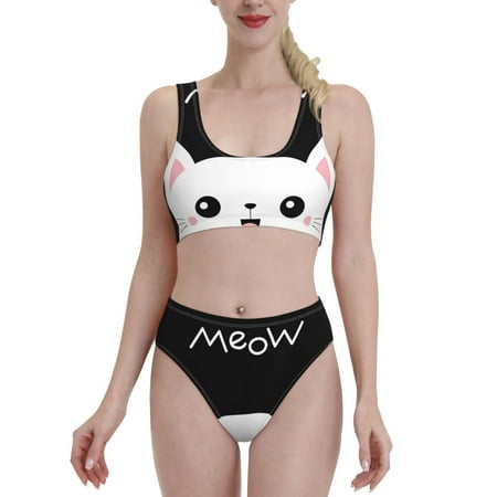 Bixox Cat Meow Pattern Two-Piece Sports Bikini with U-Shaped Top and High-Waist Bottom - Women s Swimwear with Removable Bra Pads