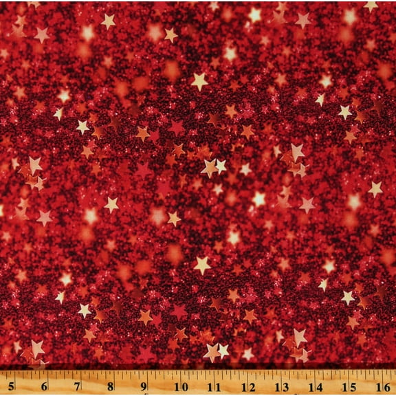 Cotton Christmas Festive Stars Lights Flags Holiday Winter Seasonal Red Cotton Fabric Print by the Yard (133459)