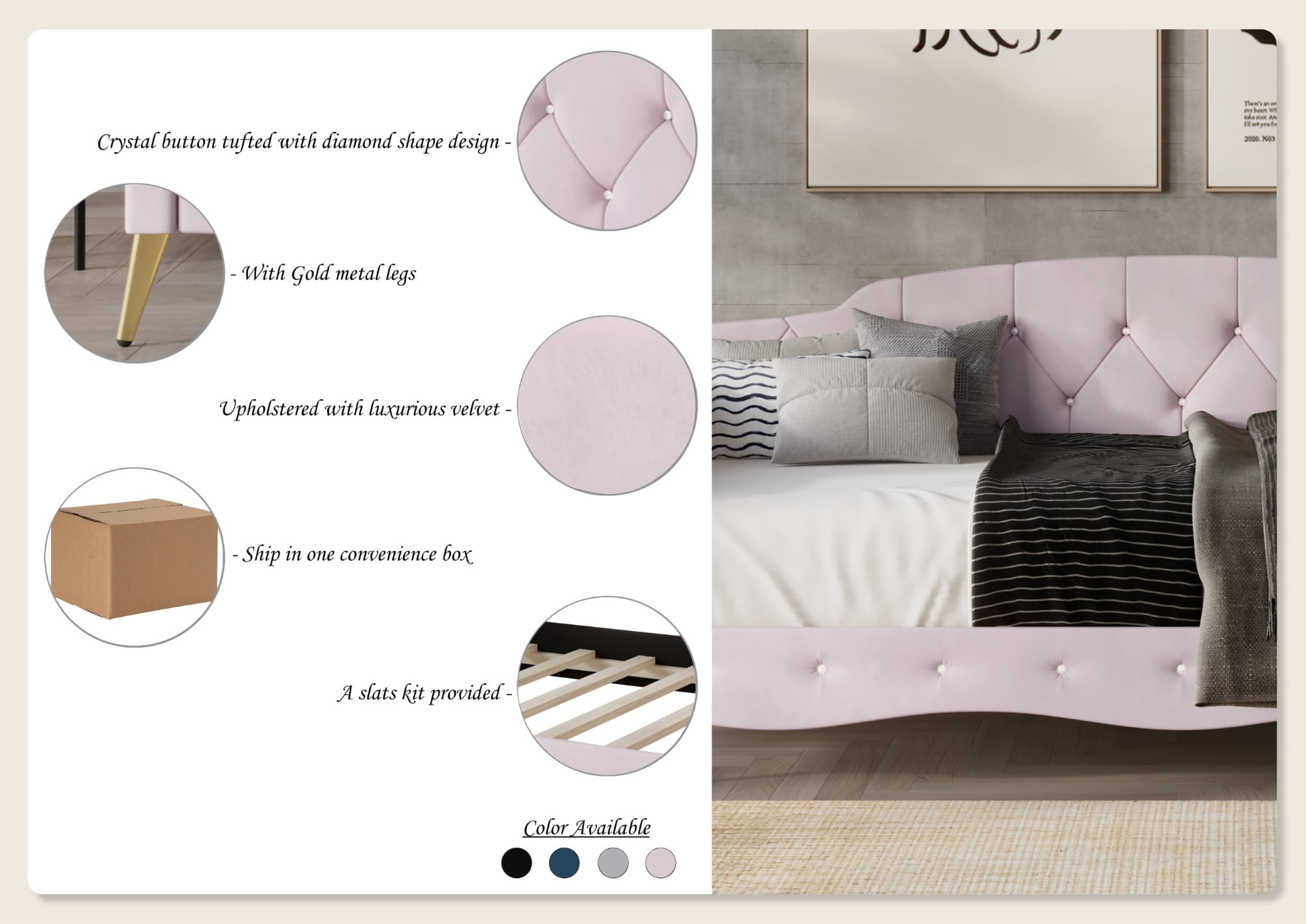 Castle Place Twin Velvet Upholstered Daybed with Crystal Button Tufting, Light Pink