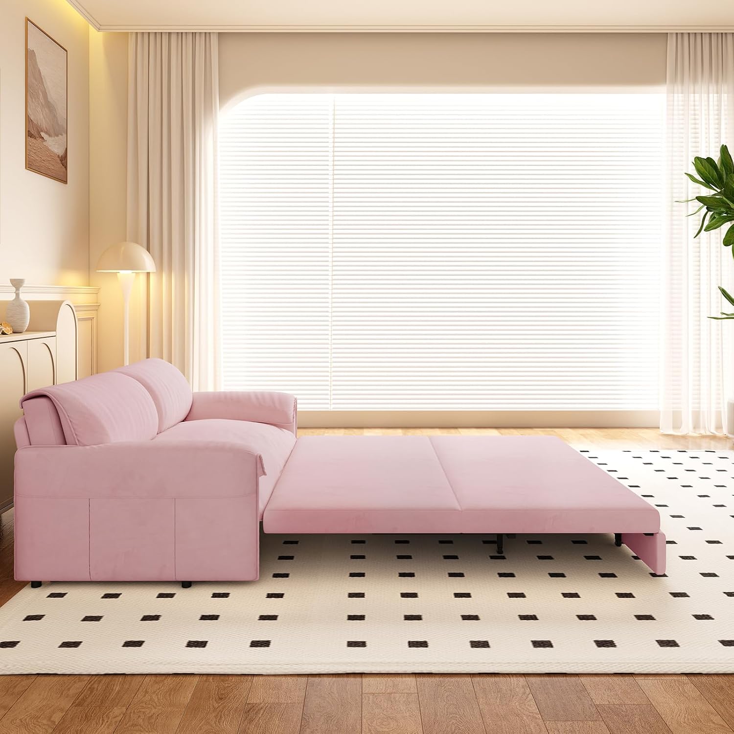 66" Queen Pull Out Sleeper Sofa, 3‑in‑1 Velvet Convertible Loveseat with Side Storage for Apartment Bedroom