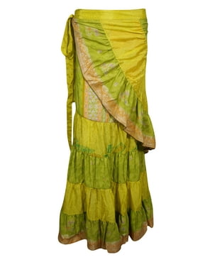 Mogul Womens Ruffle Vintage Wrap Skirt Printed Upcycled Silk Sari Full Length Flare Boho Chic Summer Fashion Maxi Skirts