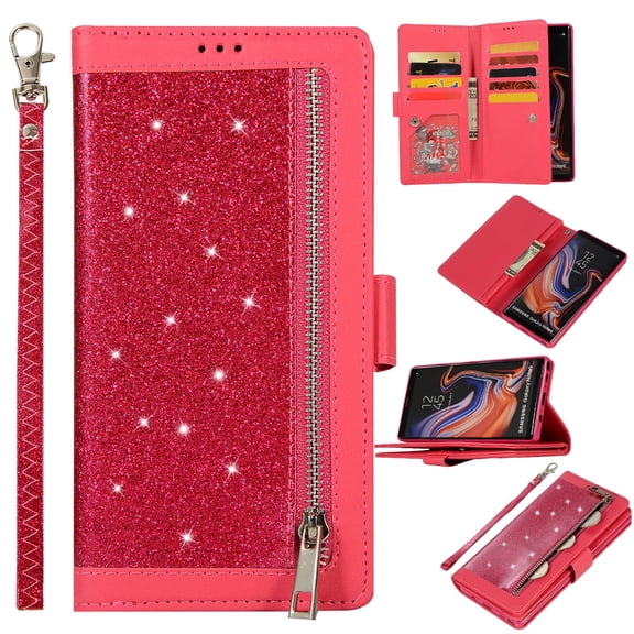 Zipper Wallet Case for Samsung Galaxy Note 9 Phone, Allytech Bling Glitter Leather Case with 9 Credit Card Holder Flip Magnetic Closure Stand Cover with Cash Pocket and Hand Strap, Rose