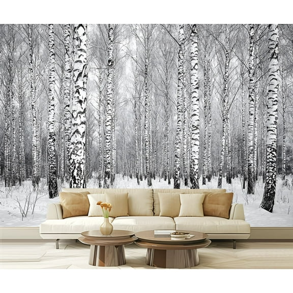 Peel and Stick Wallpaper Waterproof Beautiful winter birch grove black white Wall Mural Decor Self Adhesive and Removable 69in x 98in