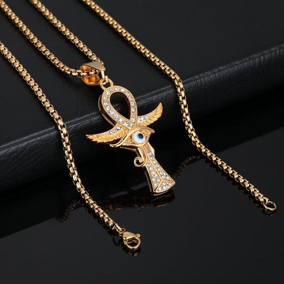 Fashion Eye of Horus Ankh Pendant Necklace 14K Yellow Gold Hip Hop Ankh Cross Pendant chain Ancient Egyptian Amulet Jewelry