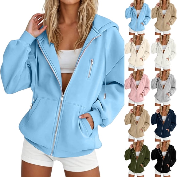 Zip Up Hoodies Womens Oversized Soft Comfy Layering Athletic Sweatshirts with Pockets Casual Track Jacket Drawstring Long Sleeve Sweatshirt