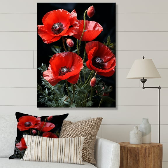 Designart "Dynamic Scene of Cascading Reds II" Floral Canvas Wall Art - Traditional Red Poppies Bedroom Canvas Wall Art