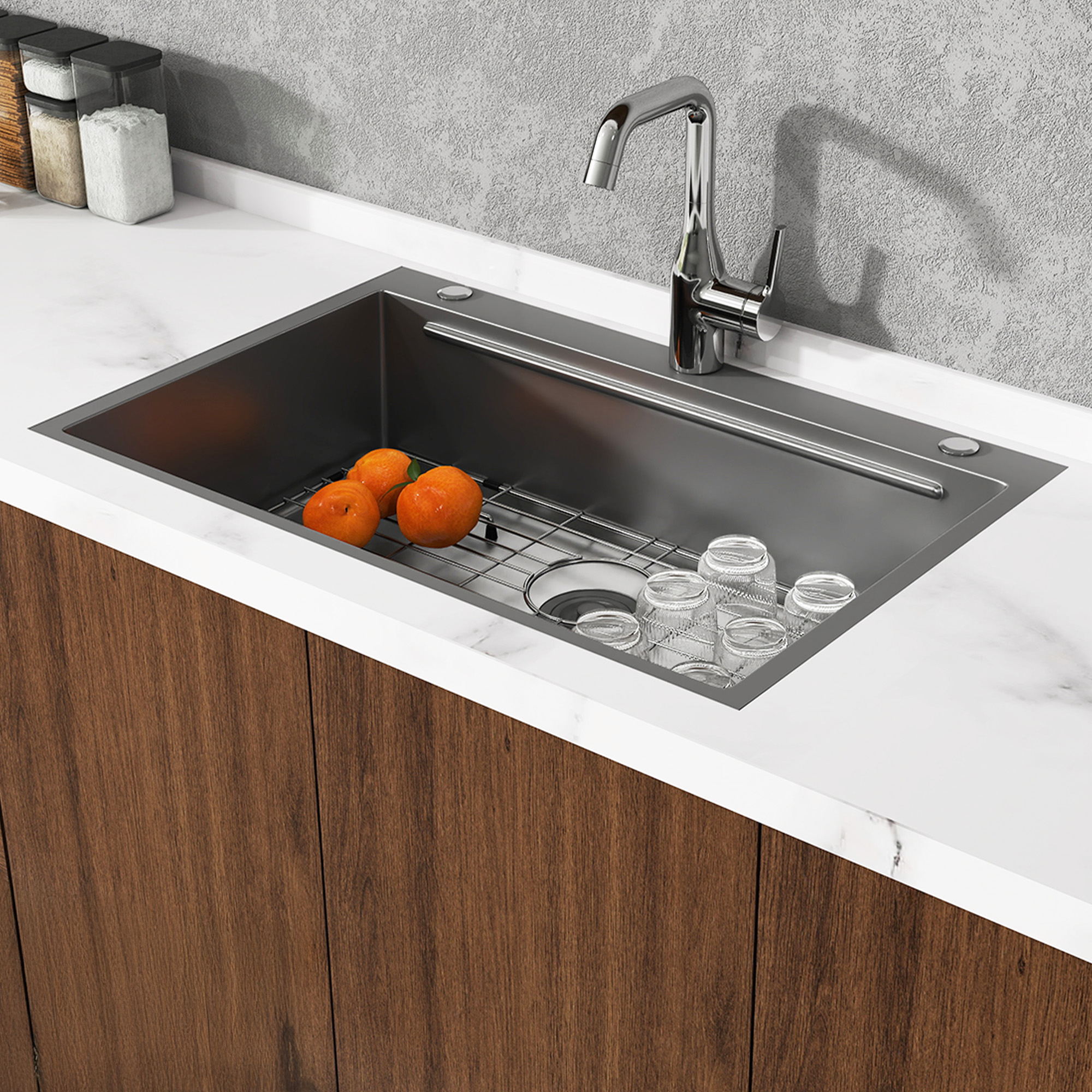 Uforic 33" Drop-In Black Stainless Steel Kitchen Sink, Single Bowl, Top Mount with Bottom Grid