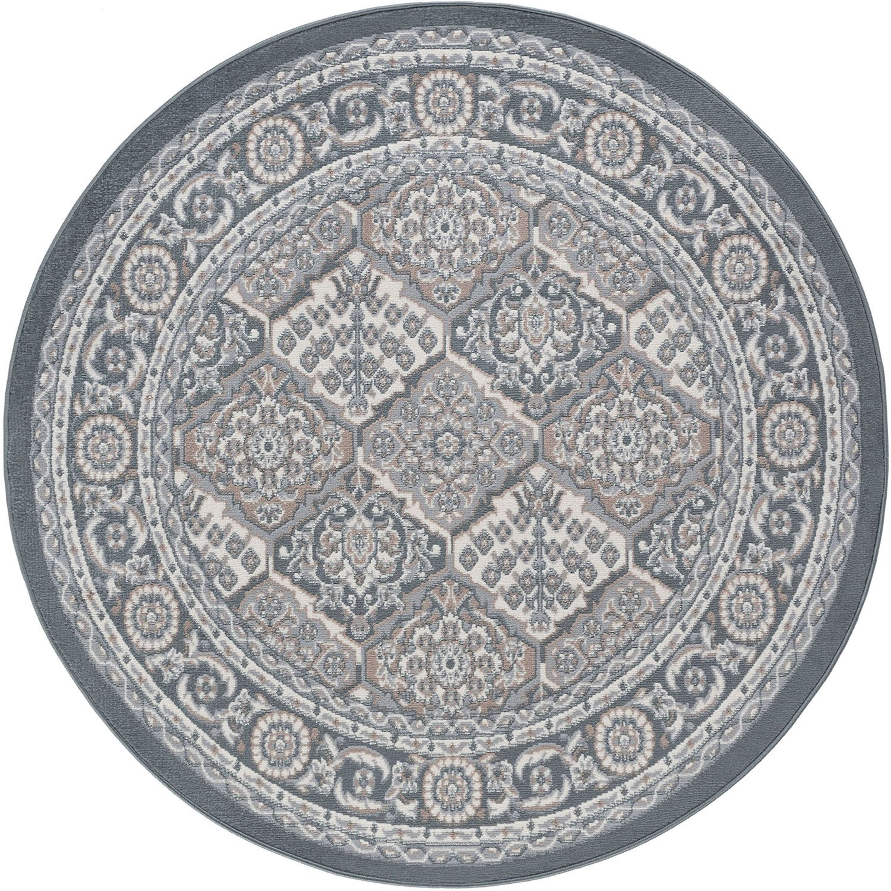 Hampton Traditional 8' Round Gray and Cream Polypropylene Indoor Area Rug
