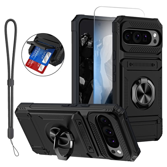 Mynvo Wallet Case for Google Pixel 9 Pro XL with Screen Protector Lanyard, Cards Slot Full Body Shockproof Ring Holder Kickstand Rugged Hard PC Cover