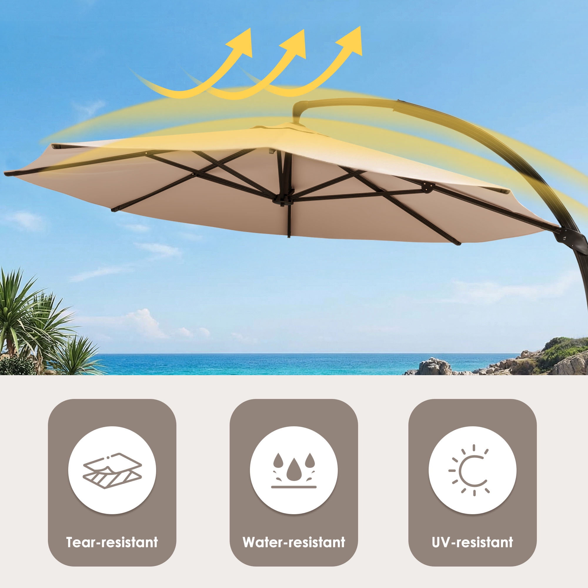 LAZZO 11ft Outdoor Patio Umbrella with Base and Lights, Aluminum Offset Cantilever Umbrella for Pool Deck, Champagne