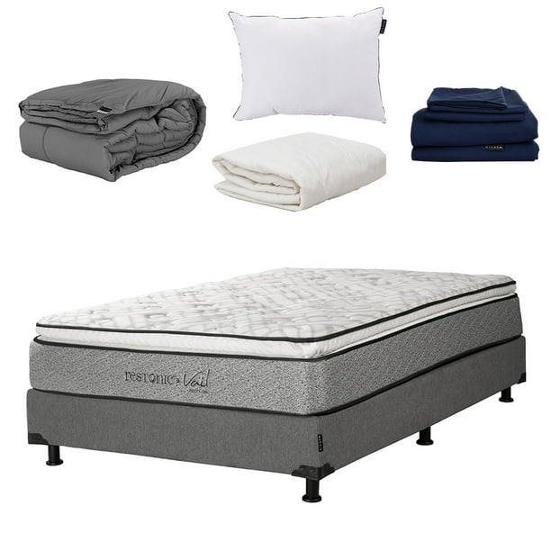 Colchón Queen Size Dicasa Vail + Box Base Cama + Almohada One + Protector Ultra + Sábanas Softy + Edredón Homy