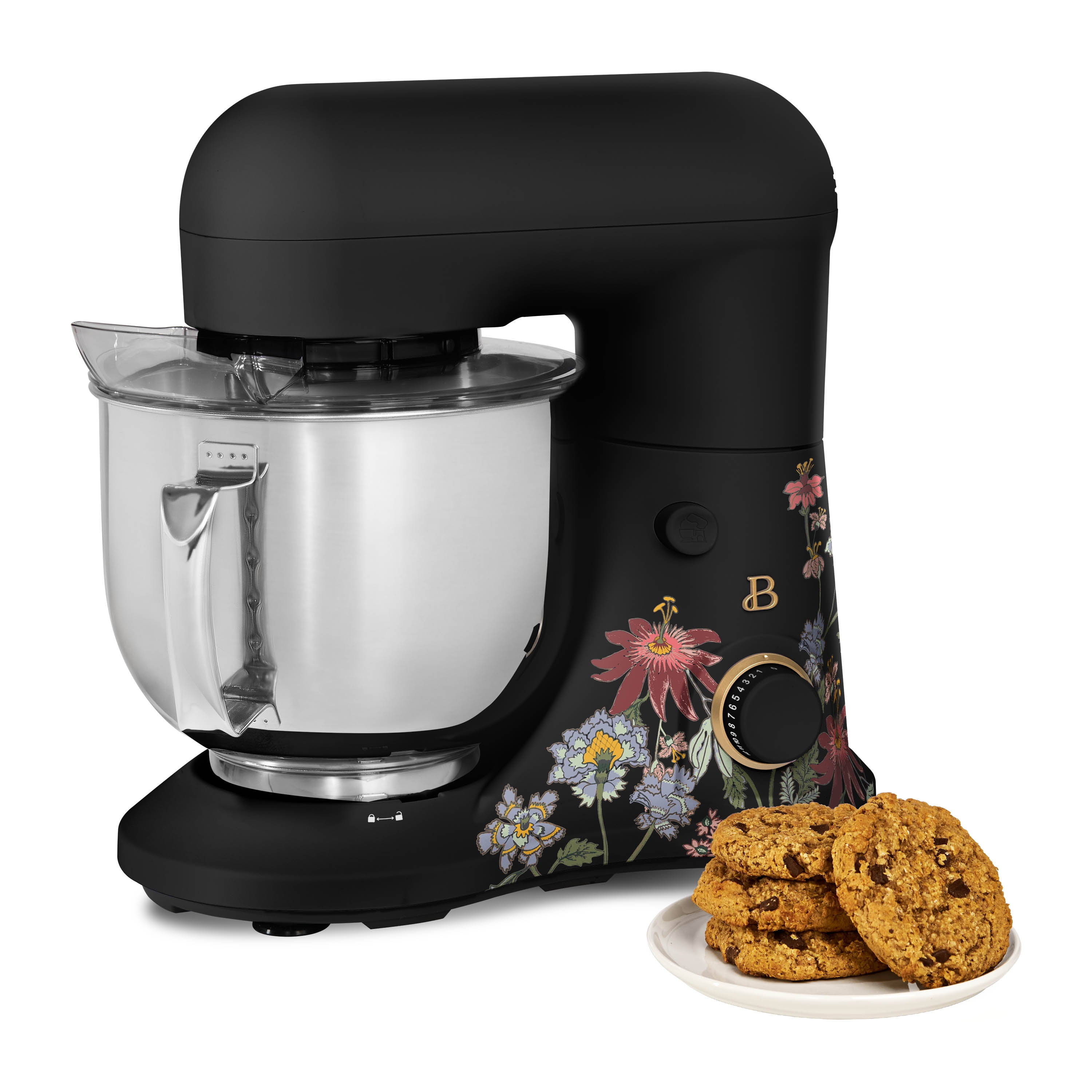 Beautiful 5.3 Qt Stand Mixer with Flat Beater, Dough Hook, Balloon Whisk, Wildflower Black Sesame by Drew Barrymore