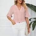 thumbnail image 2 of Camiseta con cuello en V para mujer, mangas con volantes, ajuste holgado, color puro, informal, Top de verano para uso diario, Rosa L, 2 of 6