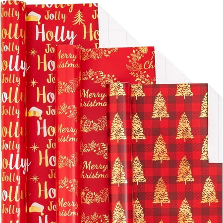 BAN Red Gold Christmas Wrapping Paper Mini Roll, Christmas Tree Buffalo Plaid, Holly Jolly, Wreath Metallic Foil Holiday Gift Wrap, Arts Craft, for Xmas Winter Party, 17 x 120 inches, 3 Rolls