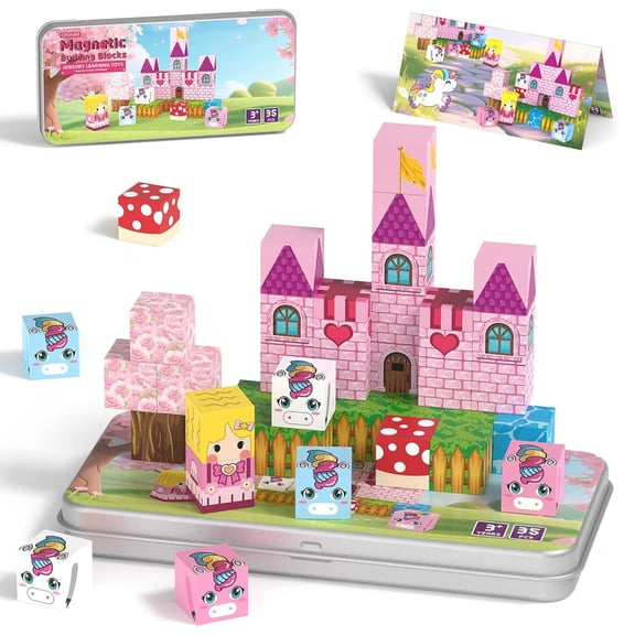 Mini Magnetic Blocks, Magnetic Blocks Travel with Portable Iron Storage Box, 35PCS Magnet Building Blocks for Toddlers, Educational Magnet Toys for Ages 3 4 5 6 7 8 Boys Girls