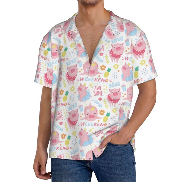 Balery Cute Pig Camisa Casual de Manga Corta con Botones para Hombre, Texturizada, Estilo Cubano, para Playa, Verano-XX-Large