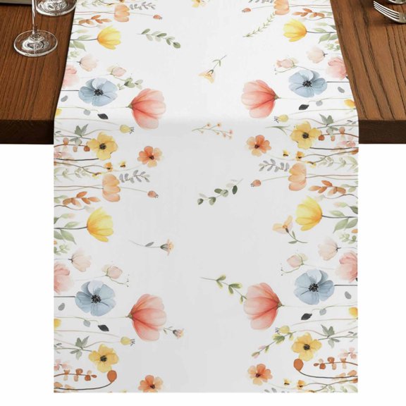 Watercolor Wildflowers 60 Inch Table Runner, Farmhouse Botanical Floral Herbs Farmhouse Dresser Scarf Cotton & Linen Tablerunner for Dining/Kitchen Island/Holiday Party Décor 13" x 60"