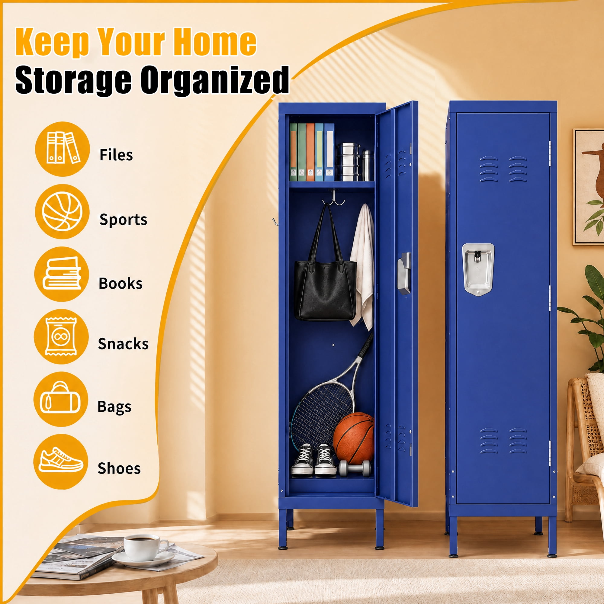 HOQBN 55" Tall Metal Wardrobe Cabinet,Waterproof Steel Clothing Storage Locker with Ventilated Door,Lock & Side Hooks,Vertical Bedroom Wardrobe for Small Apartment Home Office,Blue