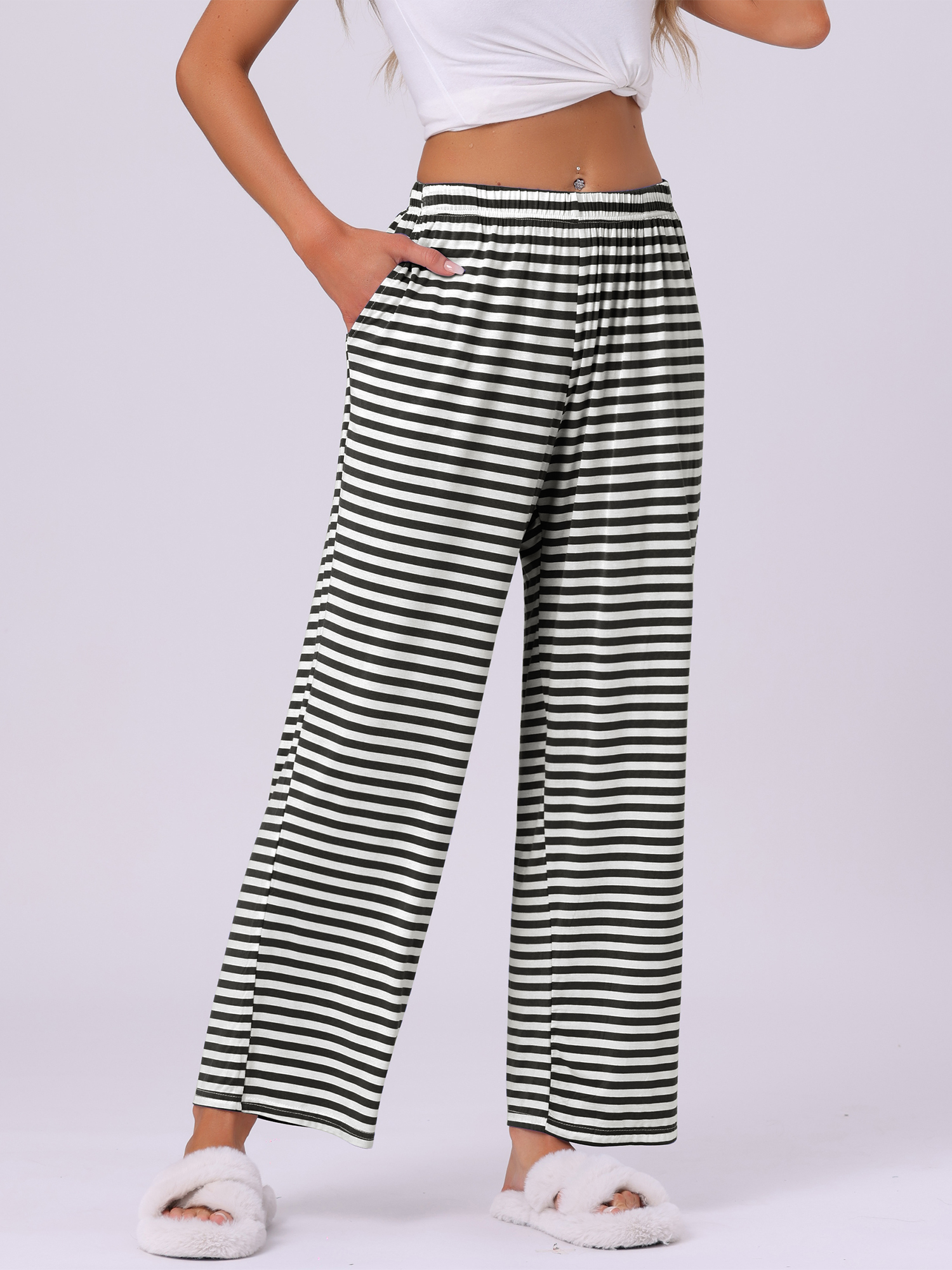 DARING DIVA Women's Flowy Cotton Wide Leg Lounge Pants S Deep Black Stripe
