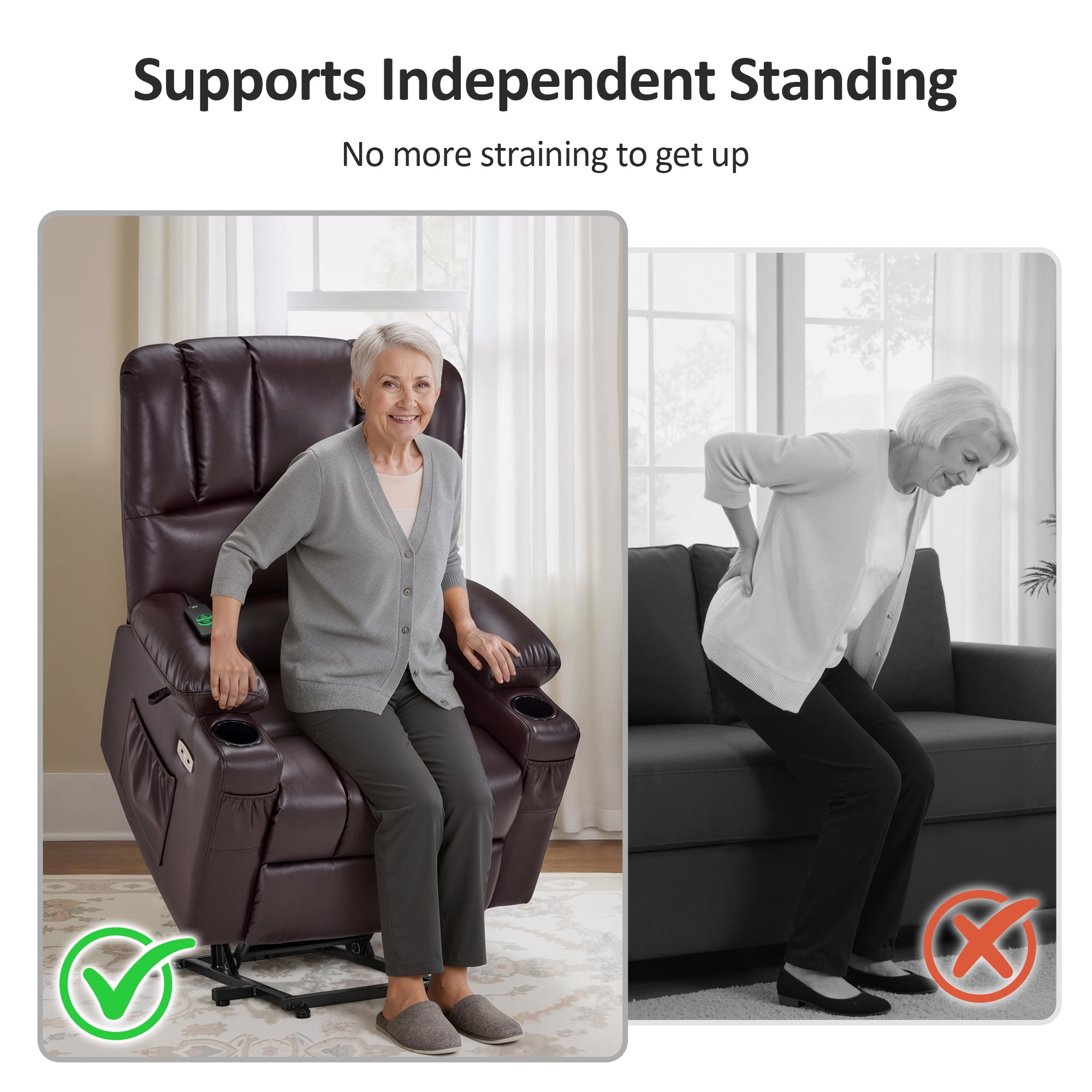 MCombo Power Lift Recliner Chair with Massage Heat, Extended Footrest, Faux Leather(Medium-Regular, Dark Brown)