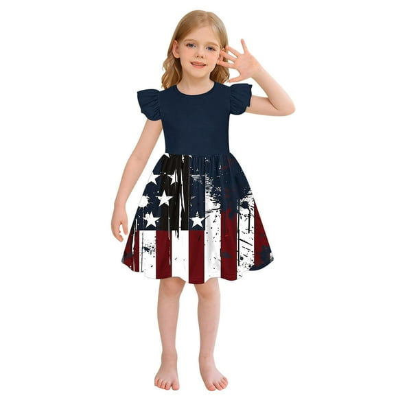 LMKIHUSA Girls Fourth of July Dresses Casual Loose Princess Dresses Red Blue and White Print Dress Ruffle Sleeve Crew Neck Dresses Blue,150