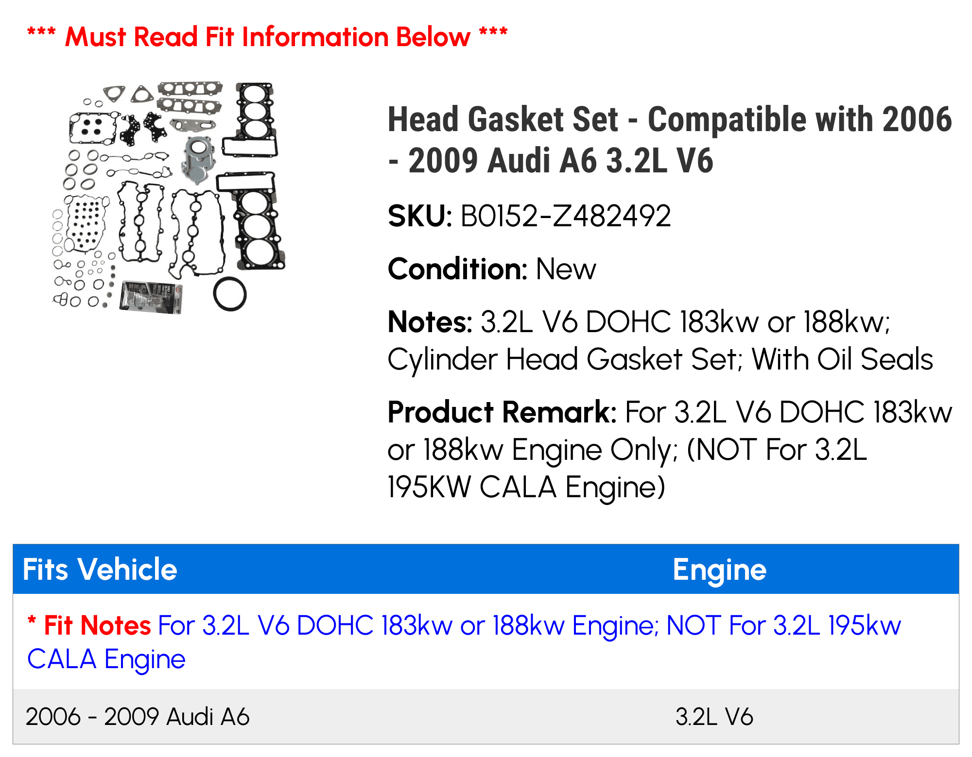 Head Gasket Set - Compatible with 2006 - 2009 Audi A6 3.2L V6 2007 2008