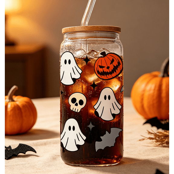 Reusable Iced Coffee Glass Can Cup Halloween Ghost Pumpkin Skull Bat Star Pattern Drinking Tumbler with Bamboo Lid Glass Straw and Straw Brush for Indoor Beverage Serving (E)