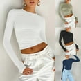 thumbnail image 6 of Womens Thumbhole Long Sleeve Round Neck Slim Fitted Crop Top Solid Color Bodycon Basic Short Pullover T-Shirt Blouse, 6 of 19