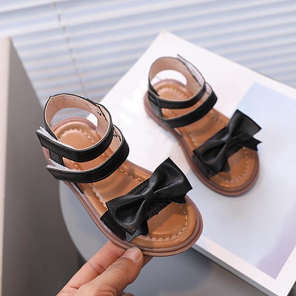 YMNXA Children Girls Summer Sandals Bowknot Soft Sole Non Slip Open Toe Comfortable Fashion Shoes For Casual Daily Wear,Black,12-18 Months