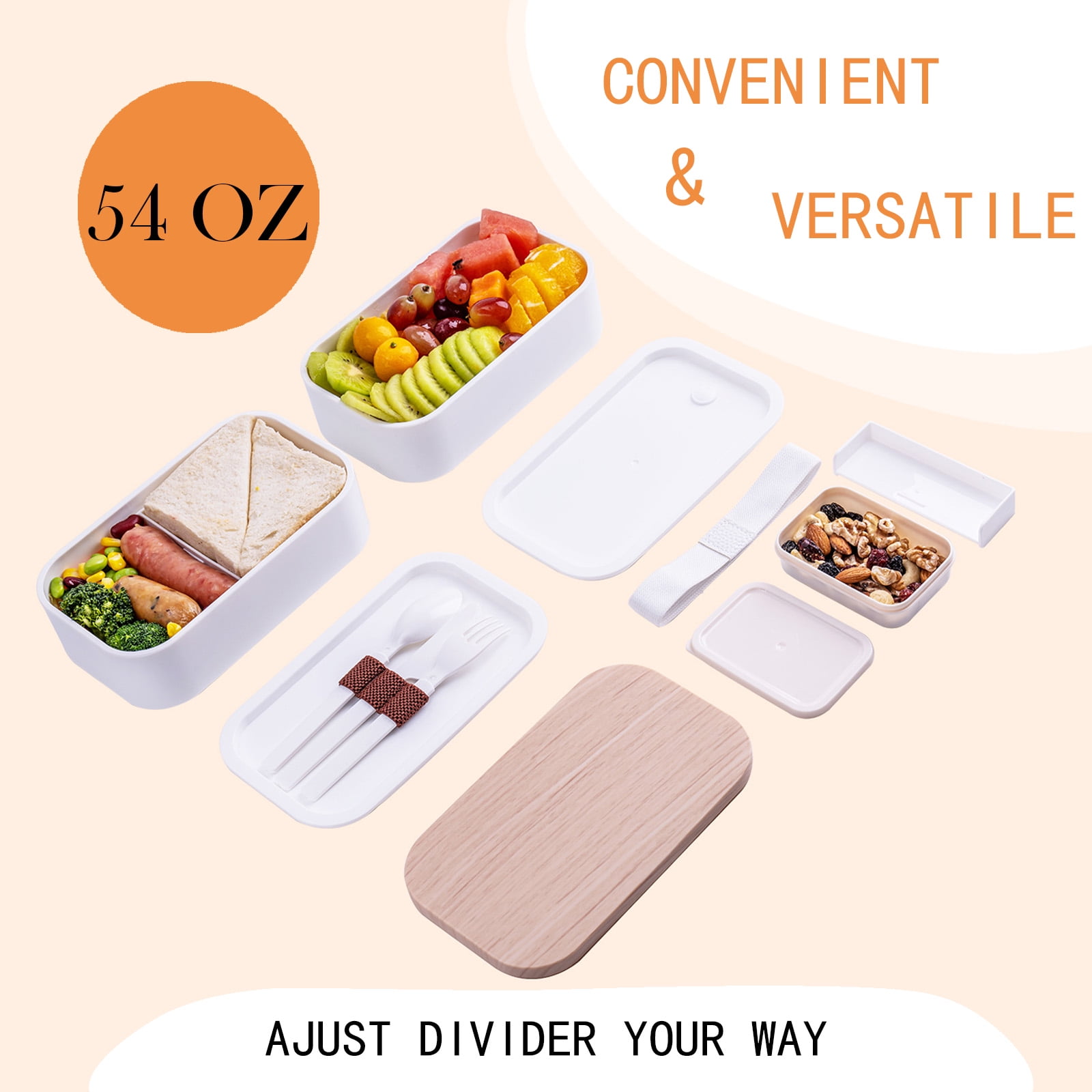 Bento Box ,2 Layer Lunch Box , Leak-proof, Includes Sauce Container, Divider,Lunch Bag ，Cutlery, 54oz Japanese Bento Box for Adults, Microwave-& Dishwasher-safe. （White）