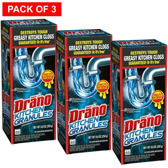 Drano Granules de Cuisine Déboucheur et Nettoyant, Débouche la Graisse Ou l'Huile de Cuisson, 8.8 oz (Lot de 3 Offre)