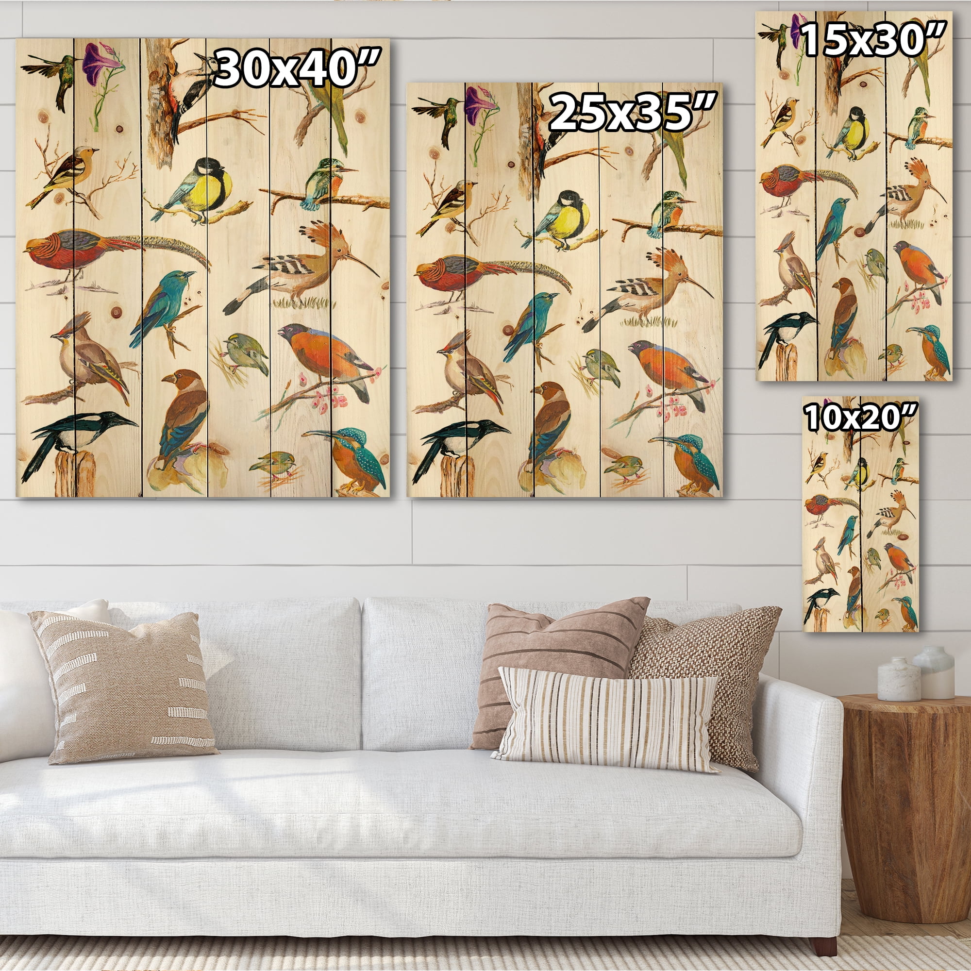 Designart 'Vital Colored Birds Plancard' Traditional Print on Natural Pine Wood