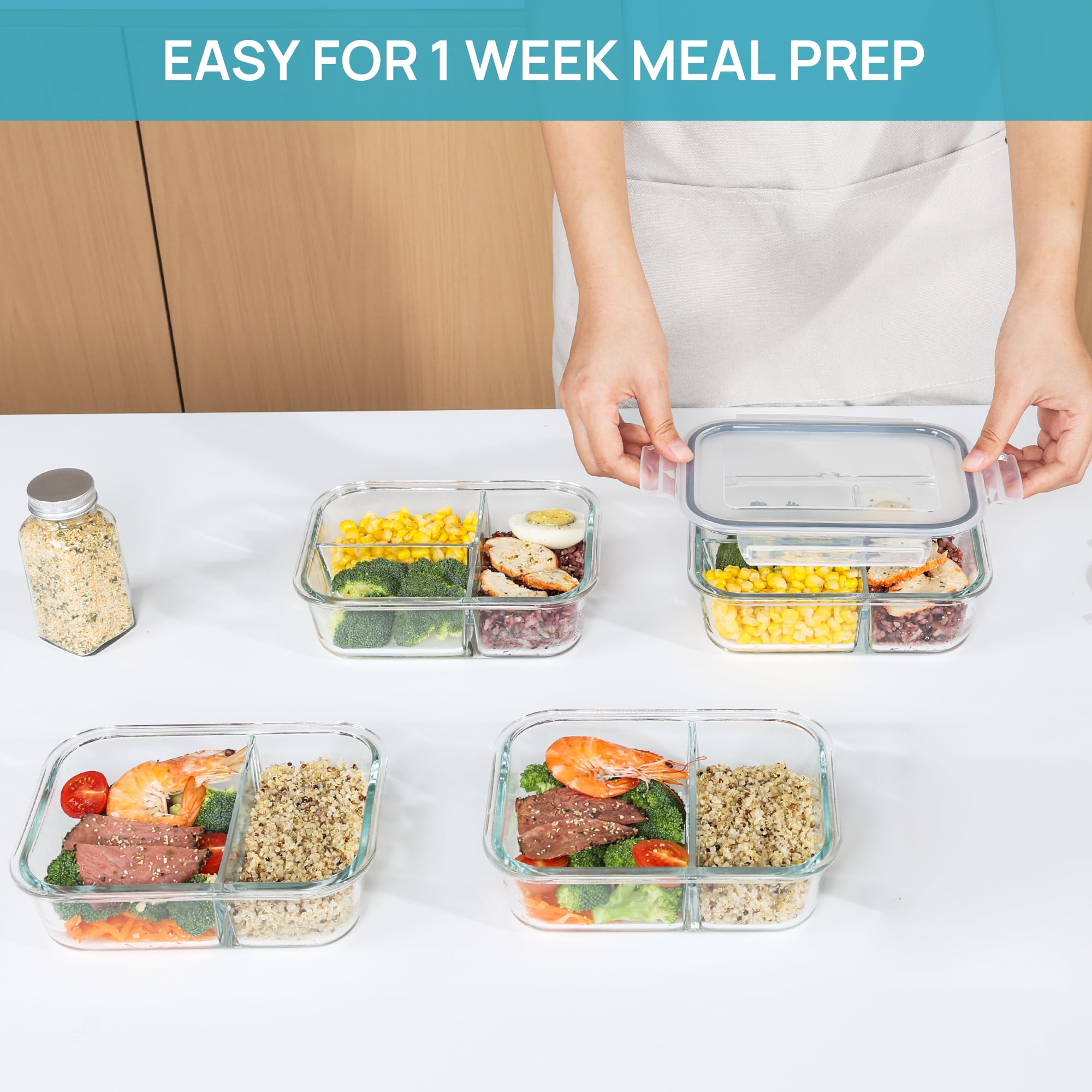 Sindcom 4 Pack 33oz Glass Food Storage Containers with Compartments, Meal Prep Bento Boxes, for Microwave, Oven, Freezer, Gray