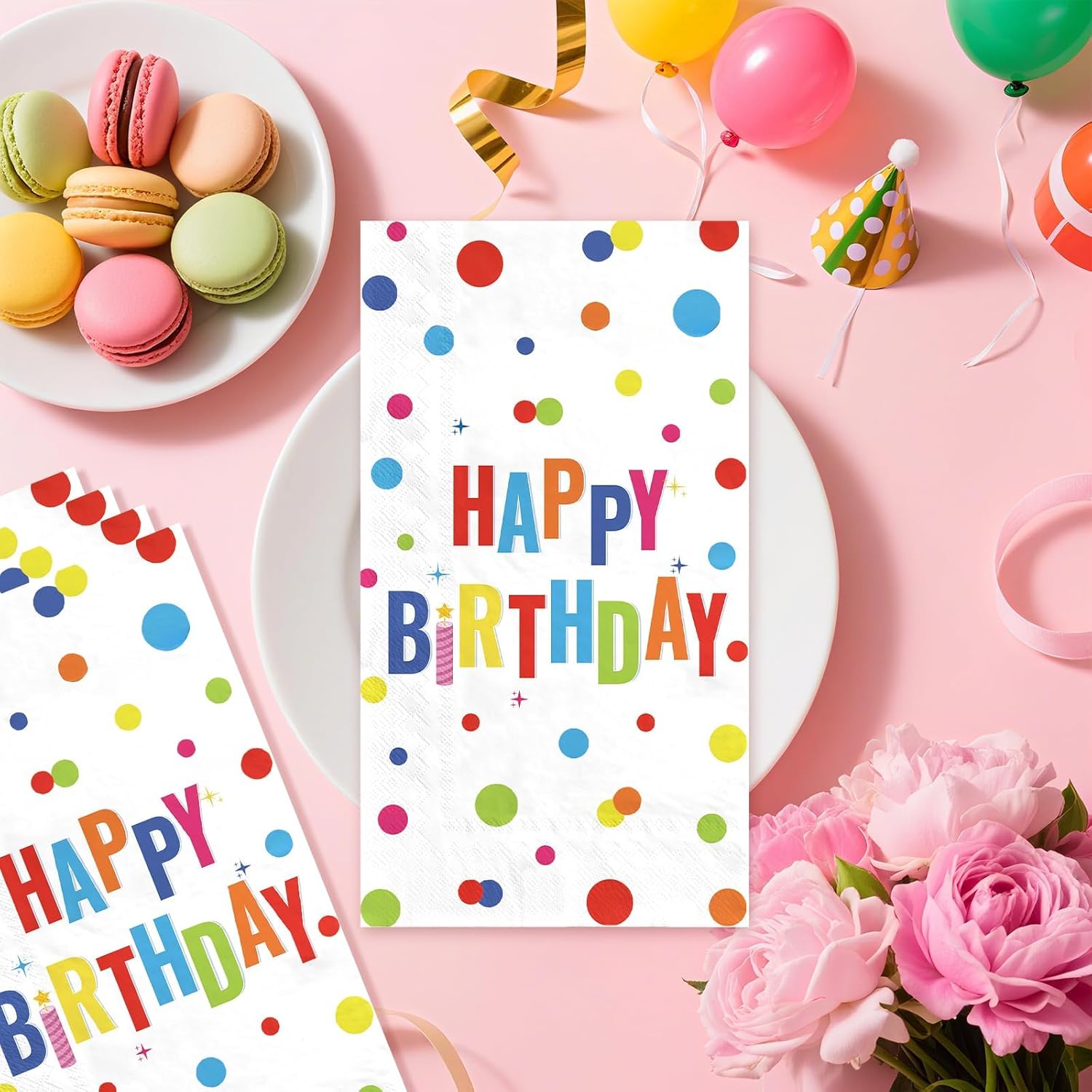 100 Pcs Happy Birthday Paper Napkins 3 Ply Colorful Dots Birthday Hand Towels Disposable Absorbent Colorful Polka Dot Guest Napkins for Christmas Adults Kids Birthday Cocktail Picnic Party Supplies