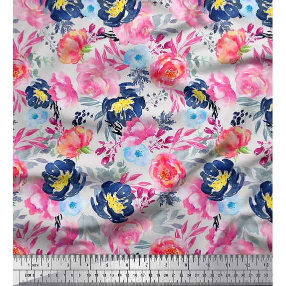 Soimoi Gray Cotton Duck Fabric Leaves & Pink Floral Watercolor Print Fabric by The Yard 56 Inch Wide