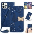 thumbnail image 1 of SaniMore Case for iPhone 14 Pro 6.1" 2022, [Crossbody/Wrist Lanyard] PU Leather Skin Embossed Butterfly [Diamond Clasp] Card Slots Kickstand Shockproof Stylish Glitter Wallet Shell, Darkblue, 1 of 12