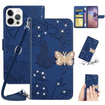 for iPhone 14 Pro Max Flower Pattern Wallet Case, with Wrist Hand Strap Crossbody Lanyard, Sparkle Rhinestone Butterfly Cover with Card Slots & Kickstand & Magnetic Clasp Case, Darkblue