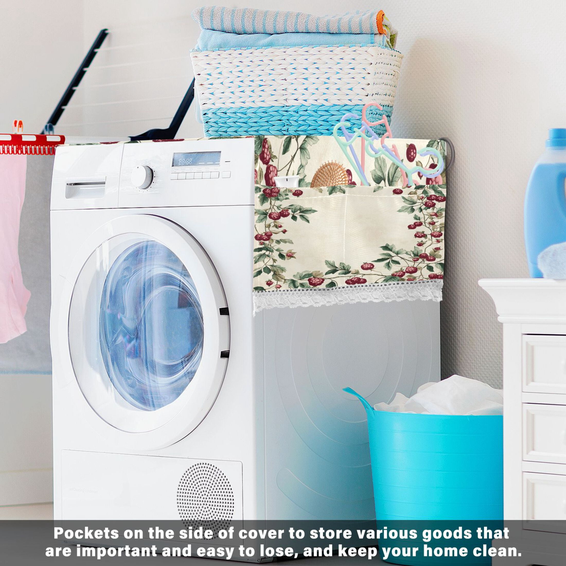 Mulberry PatternWasher and Dryer Covers Dust-Proof and Oil Resistant Fridge Cover with 4 Storage Pockets Washing Machine Top Cover for Laundry Kitchen Home 51.2 x 22 In