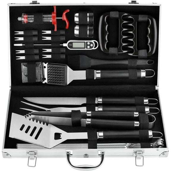 MMZP 26PC Exclusive BBQ Grill Accessories in Aluminum Case for Birthday Christmas Grilling Gifts - Premium Grill Utensils Set with Barbecue Claws, Meat Injector, Thermometer for Smoker, Camping BBQ