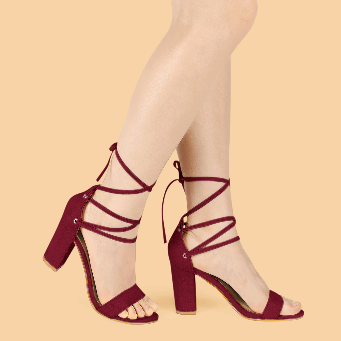 DARING DIVA Women's Lace Up Chunky Strappy High Heels Sandal Burgundy 8