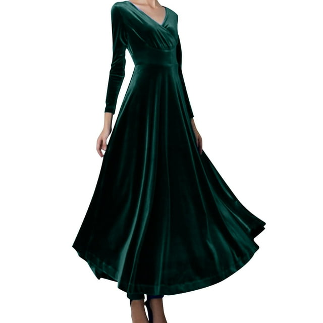 Prolriy Robes d'Invité de Mariage pour Femmes Manches Longues Col en V Robe en Velours Doré Robes de Soirée pour Femmes 2025 Robe Formelle Verte m