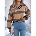 thumbnail image 6 of Womens Oversized Striped Tunic Sweaters Casual V Neck Long Sleeve Color Block Knit Pullover Jumper Tops Khaki L, 6 of 8