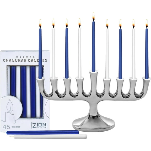 Zion Judaica Stunning Sleek Modern Menorah & Hanukah Candle Set Elegant High Polished Designers Minorah with 45 Chanukah Candles fits Standard Size Hanukkah Candles or Oil Cup Traditional Chanukiah