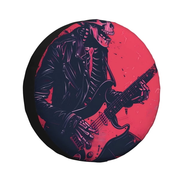 Fotbe Rock Skull Guitarist Funda de Llanta de Repuesto con Estampado, Engrosada, Ajuste Universal para Jeep, Remolque, RV, SUV, Camión-15 inch